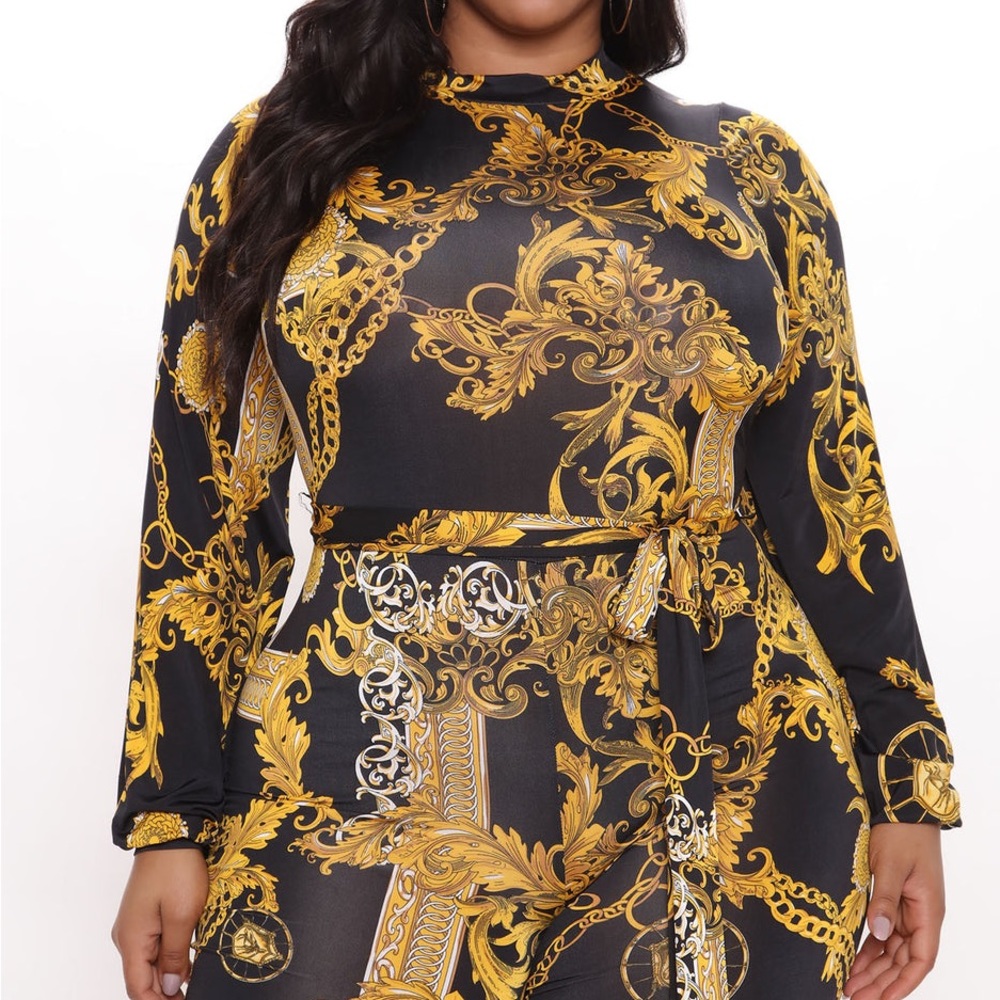 Fashion Nova Black Yellow Gold Chain Print Wide Leg High Status Jumpsuit Gaudy - Picture 7 of 14